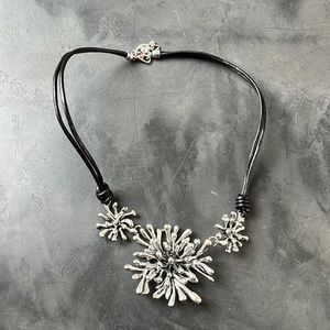 New Silver and Leather Floral Statement Necklace
